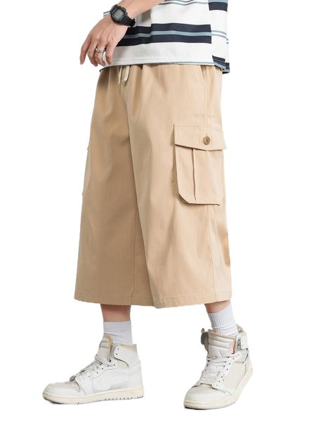 

men flap pocket side drawstring waist cargo pants s5lz#, Black