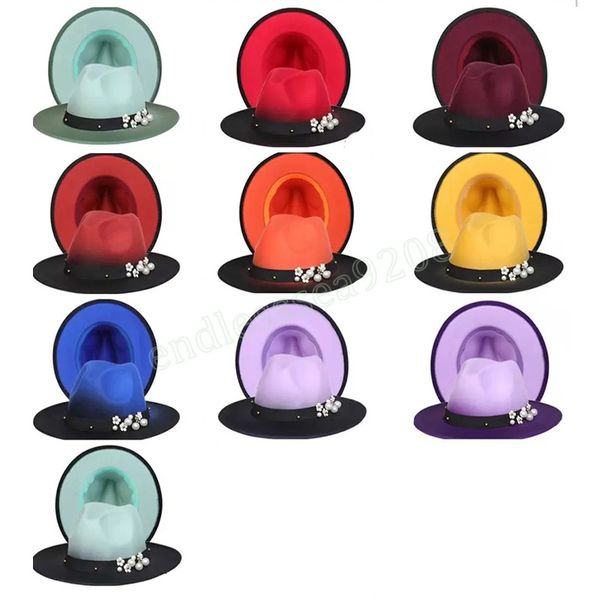

gradient fedoras women men fedora hats with pearl woman felt hat man fashion panama caps female jazz hat male wide brim cap autumn winter wh, Blue;gray