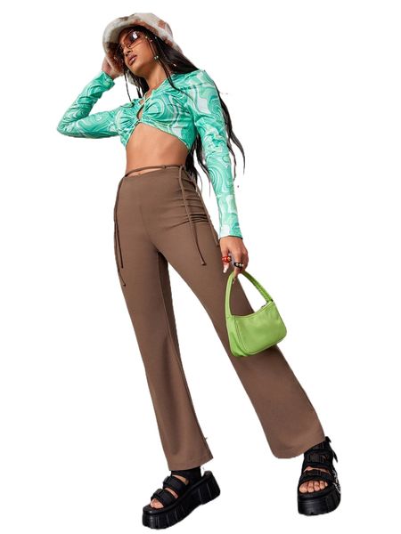 

high waist belted flare leg pants b46j#, Black;white