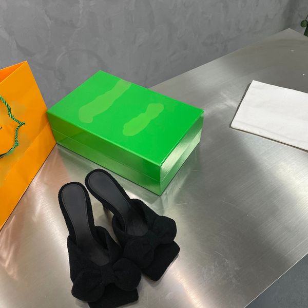 

ladies' high-heeled slippers 2022 summer new candy-colored bow towel cloth open-toed stiletto banquet, Black