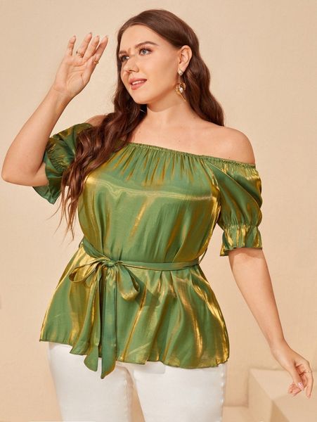 

plus off shoulder belted metallic blouse i68c#, Black