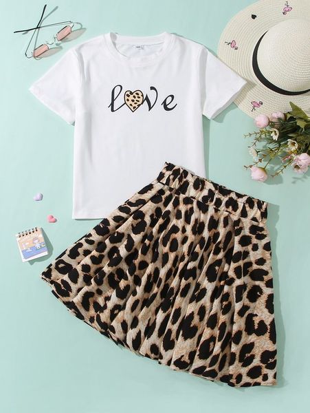 

girls letter graphic tee & leopard paperbag waist skirt she, White