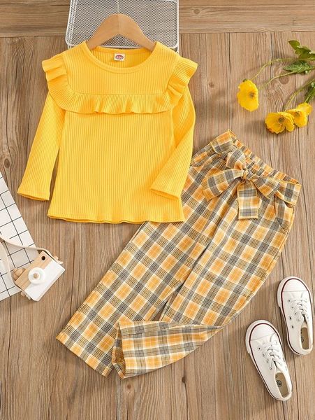 

toddler girls ruffle trim & tartan print belted pants she01, White