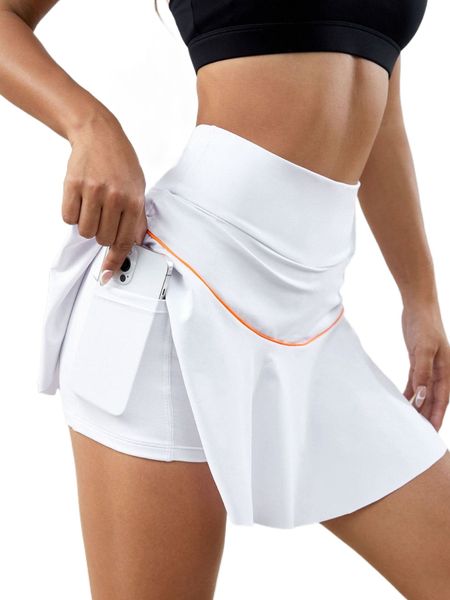 

contrast piping wide waistband sports skort with phone pocket o18u#, Gray