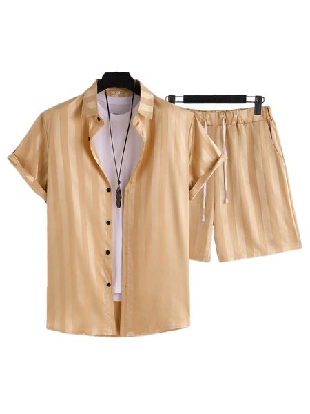 

men vertical striped shirt & drawstring waist shorts without tee k46e#, Gray