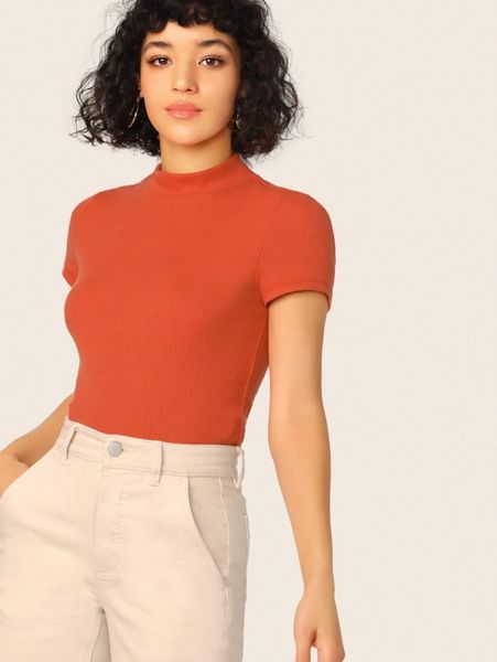 

mock-neck rib-knit form fitted u1tq#, White