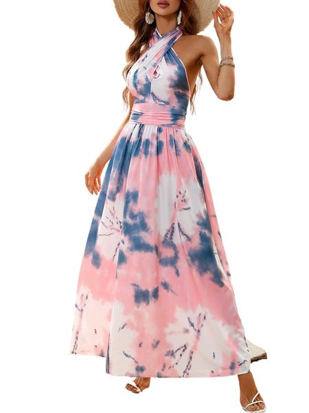 

tie dye backless shirred halter dress c7qi#, Black;gray