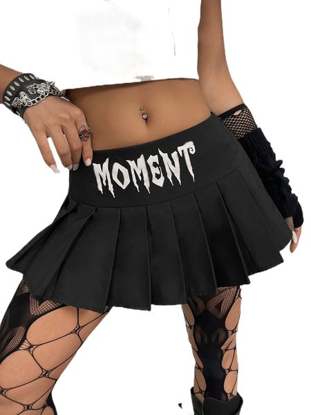 

letter graphic wide waistband pleated skirt e3i3#, Black