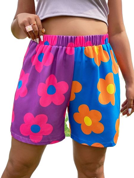 

plus floral print colorblock wide leg shorts u35q#, Black
