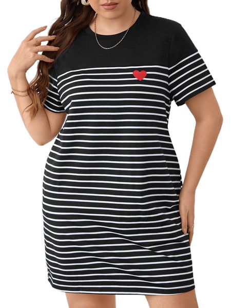 

plus striped & heart print tee dress p9dj#, Black