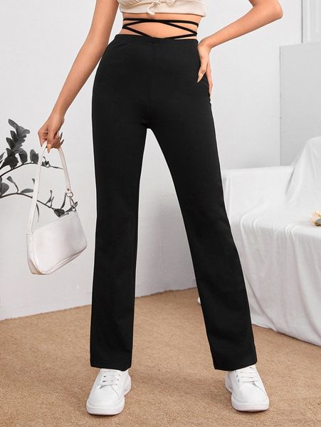 

petite high waist tie back pants 234p#, Black;white