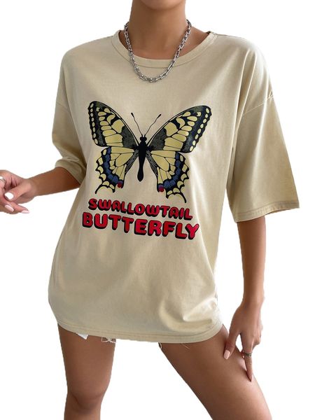 

letter & butterfly print drop shoulder tee f96z#, White