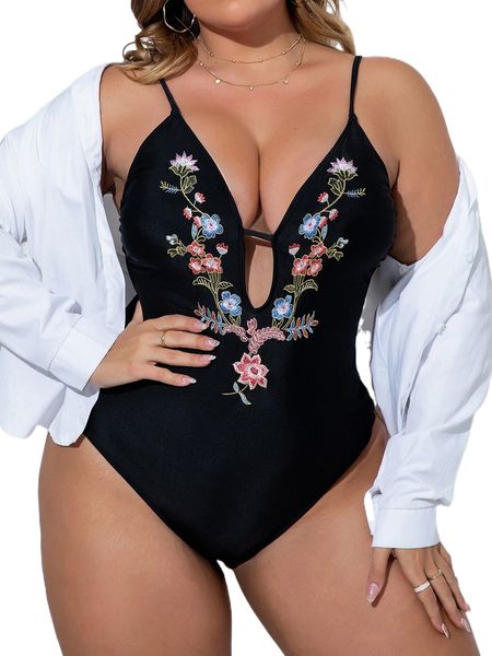 

plus floral embroidery cut out one piece swimsuit s7i7#, White;black