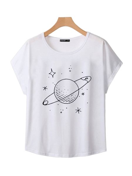 

plus planet print batwing sleeve tee d8c8#, Black