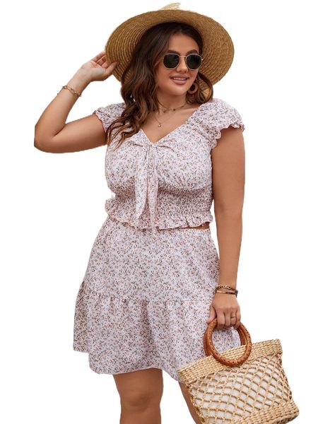 

plus ditsy floral print knot front shirred peplum & ruffle hem skirt k8ar#, Black
