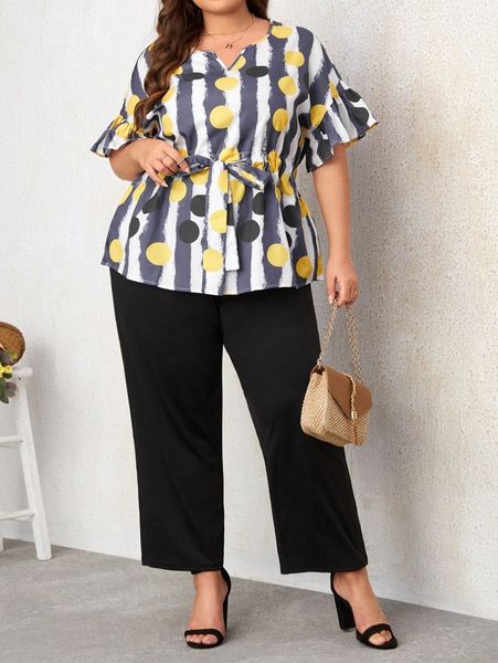 

plus colorblock & polka dot drawstring front blouse & pants p7eg#, Black