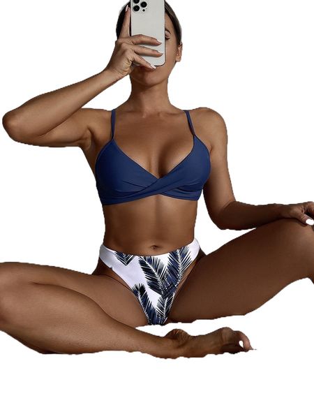 

plant print lace up bikini swimsuit 95y2#, White;black