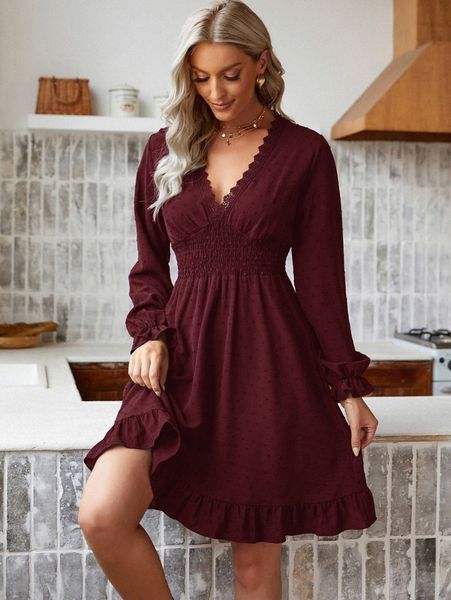 

swiss dot flounce sleeve guipure lace trim shirred dress c2br#, Black;gray