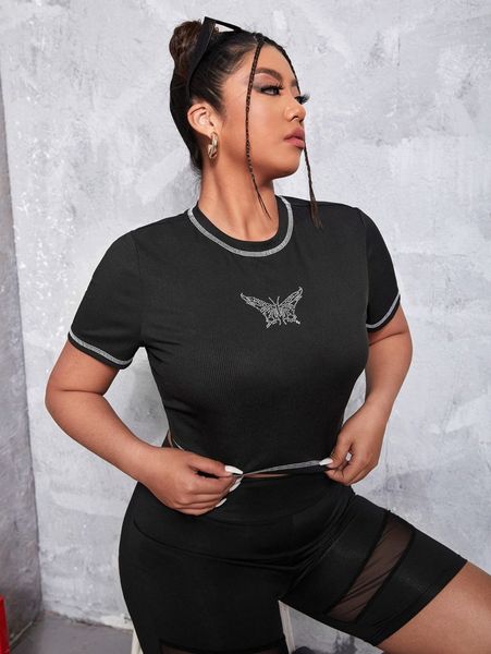 

plus rhinestone butterfly pattern stitching tee w0hj#, Black