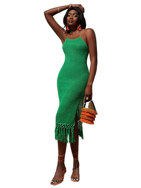 

lace up backless slit thigh tassel hem bodycon dress a063#, Black;gray