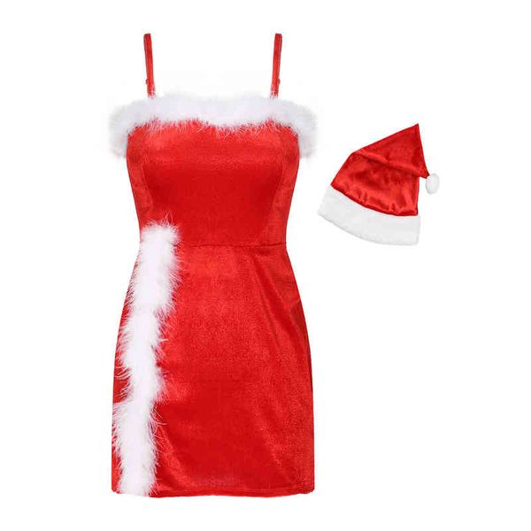 

women velvet christmas outfits ladies feather trimming adjustable straps side slit dress with hat role play come l220714, Black;red