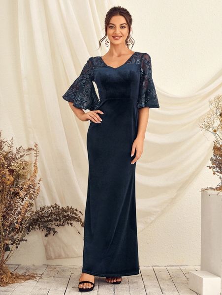 

floral sequin decor flounce sleeve velvet prom dress w4e1#, Black;gray