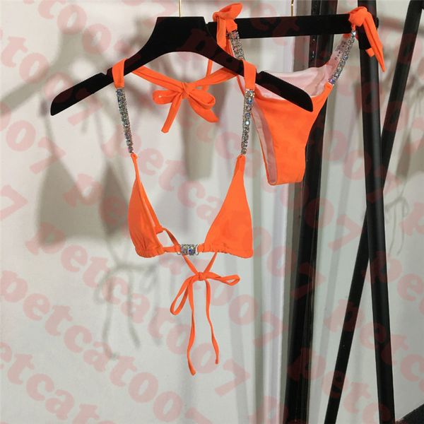 Conjunto de biquínis femininos de luxo com strass maiô feminino dividido biquínis sexy maiô laranja para mulheres