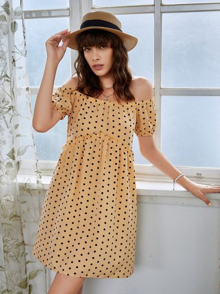 

polka dot bardot dress j6j2#, Black;gray