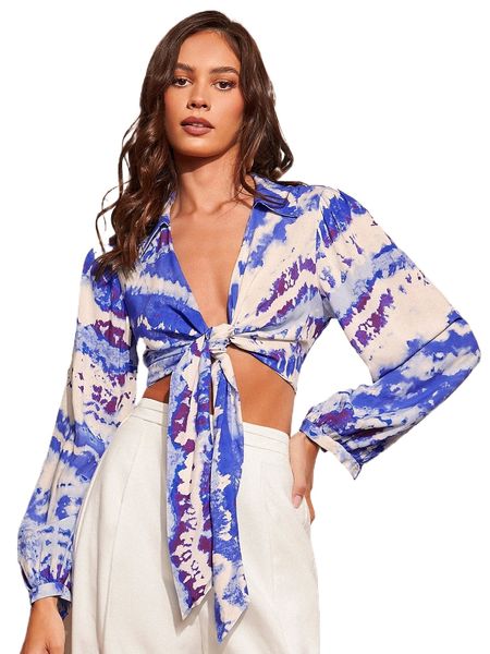 

evolu tie dye knot front crop blouse b082#, White
