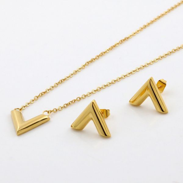 

3 colors women designer earrings necklace simple v letter titanium steel luxury brand earrings sets heart love pendant fashion jewelry, Silver