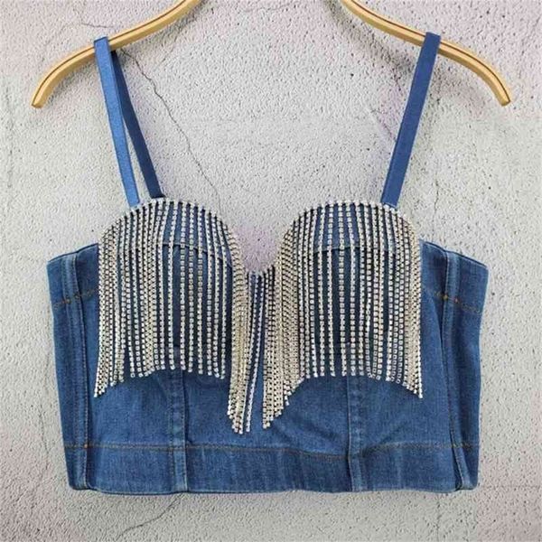 Fashion Ladies Camis Runway Jeans Crop Top Luxury Blue Sexy Sexy Celebrity Party Club Vest 210326