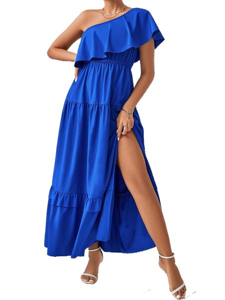 

one shoulder ruffle trim split thigh dress p6su#, Black;gray