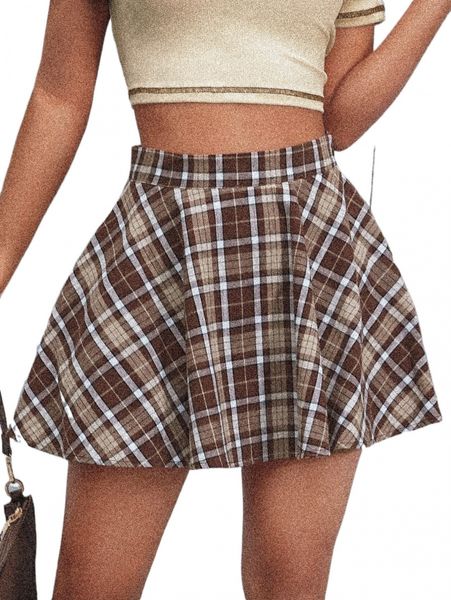 

high waist tartan print flare skirt a16b#, Black
