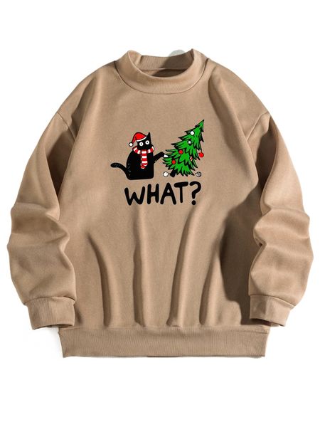 

christmas slogan & cat print thermal pullover p7yd#, Black