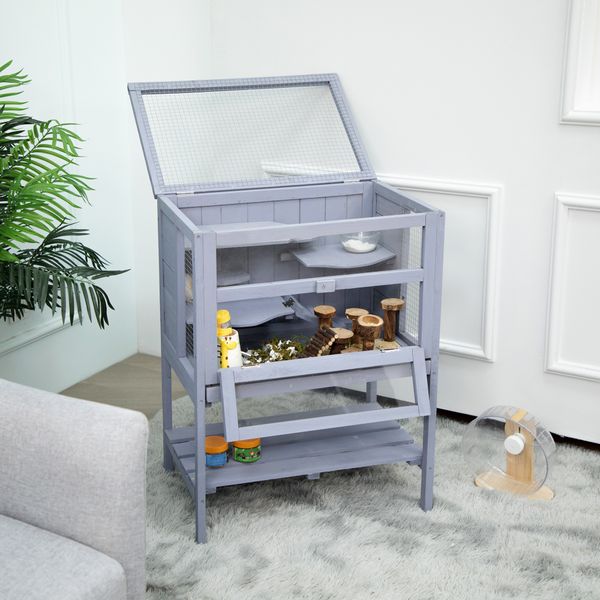 

small animal supplies hamster wooden cage with pull out tray indoor/outdoor pet house for small animals transparent acrylic plate - gray
