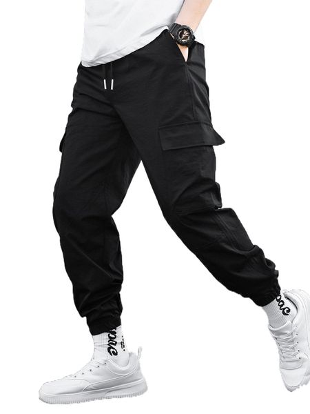 

men solid flap pocket pants x685#, Black