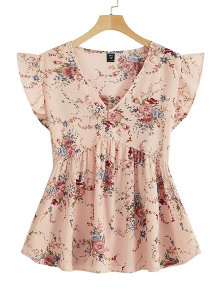 

plus floral print butterfly sleeve peplum blouse 284p#, Black