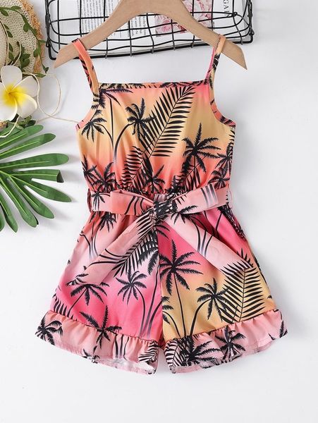 

toddler girls tropical print ombre ruffle hem belted cami romper she, Blue