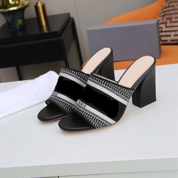 

summer embroidery slippers real leather 8.5cm chunky heel designer luxury women sliders fashion slides sandles, Black