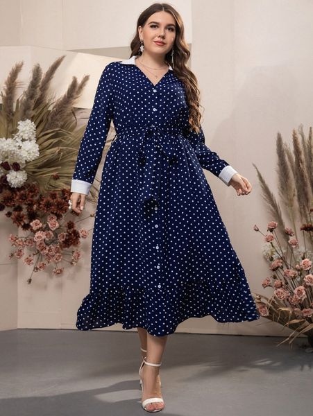 

plus polka dot contrast collar ruffle hem belted dress 44oc#, Black