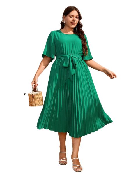 

plus solid pleated hem belted dress p3ea#, Black