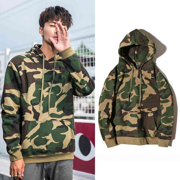 

camouflage sweater men's street trend hooded couple plush loose coat fashion, Black