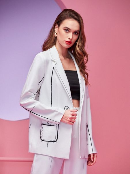 

x mina graphic open front blazer 36zf#, White