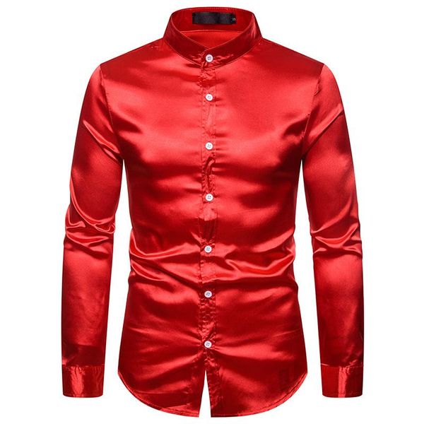 

men's casual shirts red silk satin dress shirt men 2022 spring autumn long sleeve mens wedding button down business, White;black