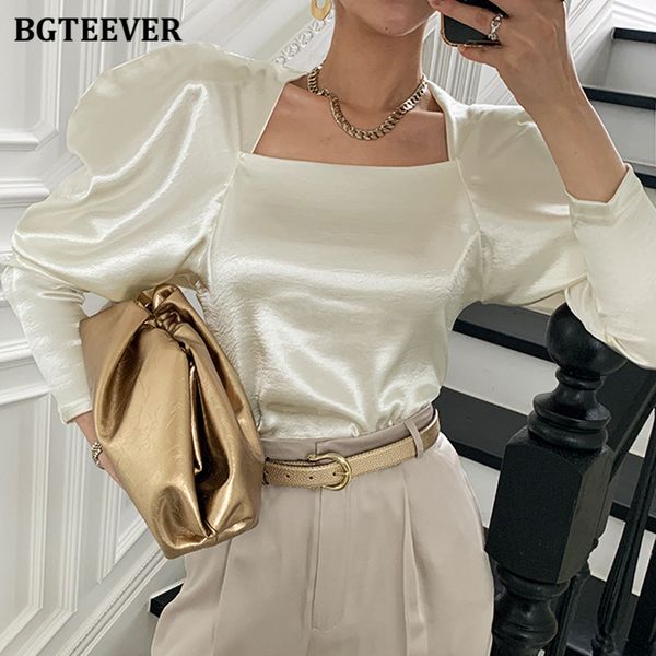 

stylish chic puff sleeve satin women shirts blouses square collar elegant blusas femme 2021 spring ladies shirts, White
