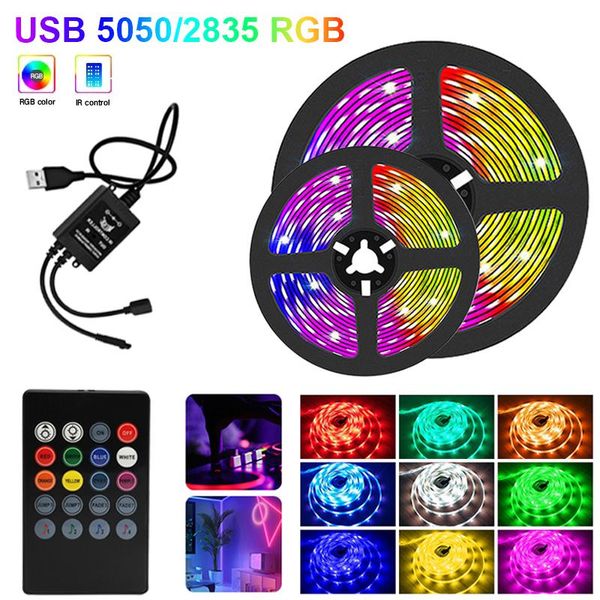 Şeritler LED Strip 2835 IP20 RGB Işık Esnek Şerit Stripe DC 5V Diyot Bant IR Kontrolör Bağlantı Şeritli