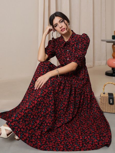 

ditsy floral puff sleeve shirt dress q8k9#, Black;gray