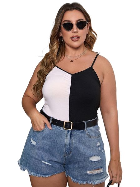 

plus two tone ruched cami bodysuit 28jp#, Black