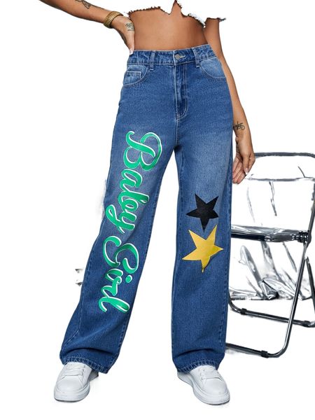 

letter & star print jeans s1na#, Blue