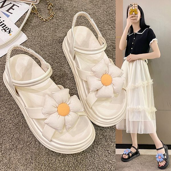 

2022 summer new flat with low-heeled sandals wild daisies female flowers shoes fine with the roman shoes women sandals cx220423, Black